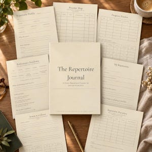 May include: A collection of cream-colored paper sheets featuring printed music organization templates. The central sheet is titled The Repertoire Journal, A Music Repertoire Tracker for Serious Musicians, surrounded by pages for practice maps, progress trackers, and performance readiness.