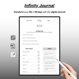 Könnte beinhalten: Eine digitale Infinity-Journal-Seite mit Abschnitten für tägliche Affirmationen, Ziele und Notizen. Das Layout enthält einen 90-Tage-Tracker, ein Unendlichkeitssymbol und Textaufforderungen. Symbole für Stift, PDF und Schreiben sind links zu sehen.