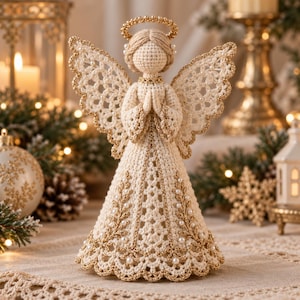 May include: A crocheted angel figurine in cream yarn with gold metallic thread accents. The angel features a halo, intricate lace wings, and a long dress adorned with gold leaf embroidery and small white pearls, with hands held in a prayer position.