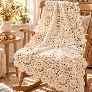 May include: A cream-colored crochet blanket featuring a central floral motif, intricate bobble stitch patterns, and a scalloped edge. The textile is draped over a wooden rocking chair, showcasing detailed yarn work and a textured, dimensional design.