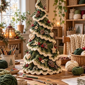 May include: A conical crochet Christmas tree in shades of green with a cream-colored scalloped edge. The tree is decorated with small pinecones, red berries, and crocheted heart and star ornaments. It sits on a wooden table with craft supplies.