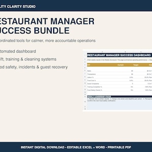 Restaurangchefens framgångspaket | Redigerbar Excel-arbetsbok (digital nedladdning)