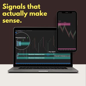 Może przedstawiać: Laptop i smartfon wyświetlające wykresy handlu finansowego ze świecami, strefami nierównowagi oraz tekstem "Signals that actually make sense," "Selling pressure is zero," "Buy signal," i "Absolute Imbalance zone."