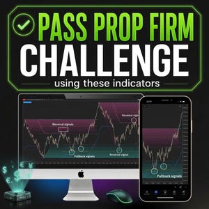 Può includere: Un monitor per computer e uno smartphone mostrano grafici di trading finanziario con indicatori di segnali di inversione e pullback. Il testo PASS PROP FIRM CHALLENGE using these indicators è visualizzato sopra i dispositivi.