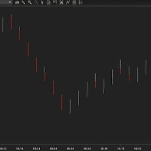 May include: A financial trading chart on a dark background displaying a series of vertical white and red candlestick bars representing price movements over time. The chart includes a horizontal time axis and a vertical price scale ranging from 13436 to 13480.