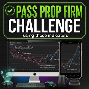 Puede incluir: Un monitor de computadora y un teléfono inteligente muestran gráficos de trading financiero con etiquetas para Zone Resistance Cloud, Zone Support Cloud y PA Signal. El texto PASS PROP FIRM CHALLENGE using these indicators está arriba.