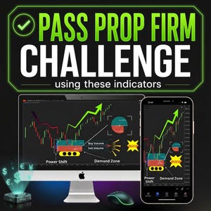 以下が含まれることがあります： PASS PROP FIRM CHALLENGE、Buy Volume、Sell Volume、Power Shift、Demand Zone、BOOMというテキストが表示された、緑と赤のトレンドラインを持つ金融取引チャートを表示するコンピュータモニターとスマートフォン。