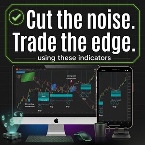 Pode incluir: Um monitor de computador e um smartphone exibindo gráficos de negociação financeira com indicadores de compra e venda. O texto diz: Cut the noise. Trade the edge. using these indicators. A tela mostra tendências de preços e setas.