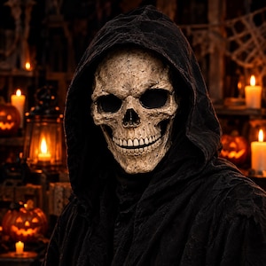 Könnte beinhalten: Eine realistische Totenkopfmaske mit einer texturierten, verwitterten Knochenoberfläche, tiefschwarzen Augenhöhlen und einem detaillierten Kiefer. Die Maske ist an einem dunkel schwarzen Kapuzenumhang befestigt, der über Kopf und Schultern fällt.