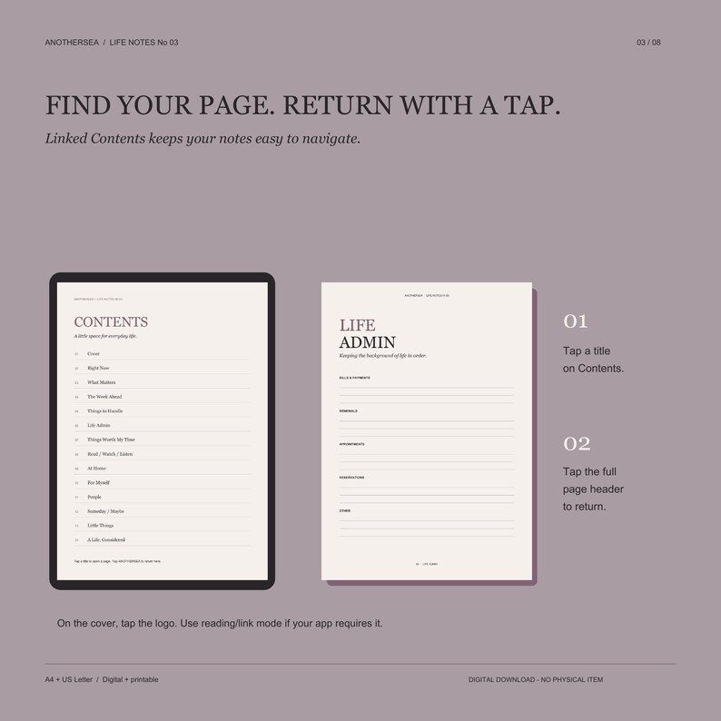 May include: A digital planner interface on a screen showing a contents page and a life admin page. The text reads FIND YOUR PAGE. RETURN WITH A TAP. and includes instructions for navigation. The layout is clean with dark text on a light background.