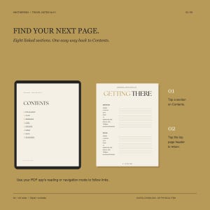 May include: A digital travel planner template on a mustard background. The left side shows a tablet screen with a contents page listing eight sections. The right side displays a Getting There page with fields for flight details and return information.