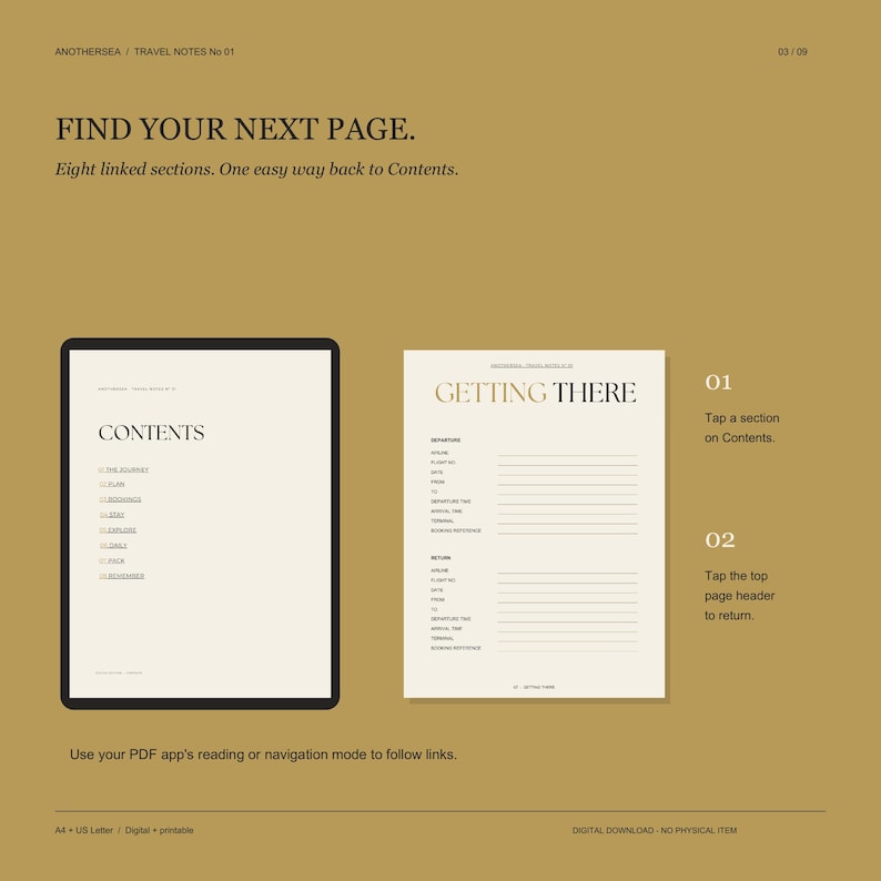 May include: A digital travel planner template on a mustard background. The left side shows a tablet screen with a contents page listing eight sections. The right side displays a Getting There page with fields for flight details and return information.