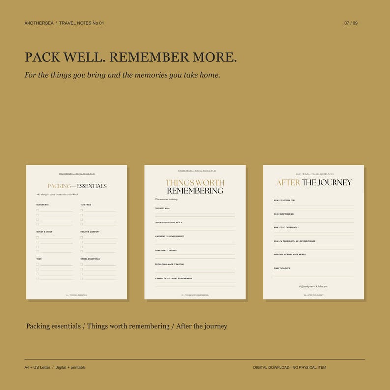 May include: Three off-white travel planner pages on a mustard background. The pages feature black text including headings PACKING ESSENTIALS, THINGS WORTH REMEMBERING, and AFTER THE JOURNEY, with lines for writing and checkboxes for lists.