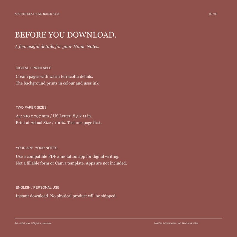 May include: A terracotta-colored digital information sheet titled BEFORE YOU DOWNLOAD. It lists specifications for Home Notes, including A4 210 x 297 mm and US Letter 8.5 x 11 in sizes, digital compatibility, and printing instructions in white text.