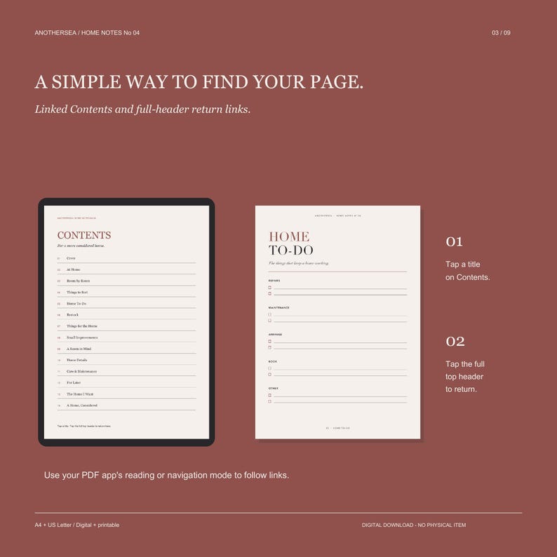 May include: A digital planner page on a dark red background featuring the text A SIMPLE WAY TO FIND YOUR PAGE. The layout displays a contents list and a home to-do list with instructions on how to navigate the linked sections via PDF apps.