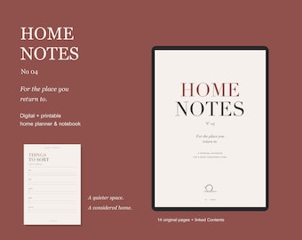 May include: A digital home planner and notebook titled Home Notes No 04 on a dark red background. The display shows a cover page with the text Home Notes No 04 and a secondary page titled Things to Sort with lined sections for organization.