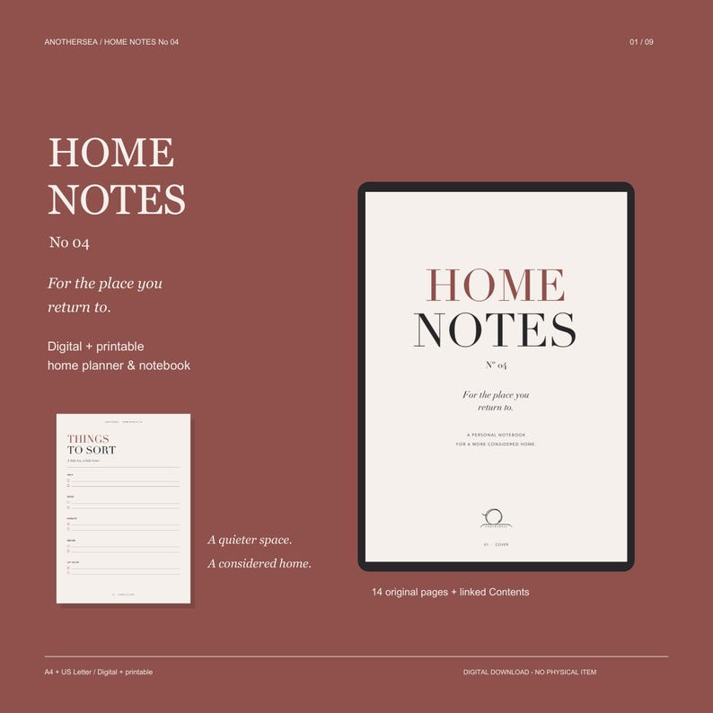 May include: A digital home planner and notebook titled Home Notes No 04 on a dark red background. The display shows a cover page with the text Home Notes No 04 and a secondary page titled Things to Sort with lined sections for organization.