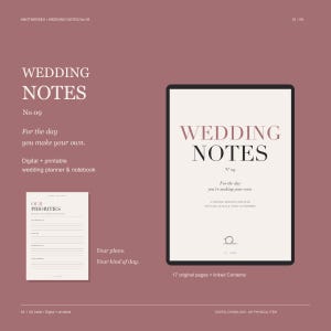 May include: A digital wedding planner and notebook titled Wedding Notes No 09 on a dusty rose background. The display shows a cover page with the text Wedding Notes and a secondary page titled Our Priorities with lined sections for planning.
