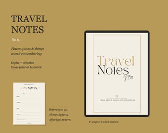 May include: A digital travel planner and journal titled Travel Notes No 01 on a mustard background. The design features a large tablet display showing the cover page and a smaller page layout labeled Day Notes with lined sections for travel planning.