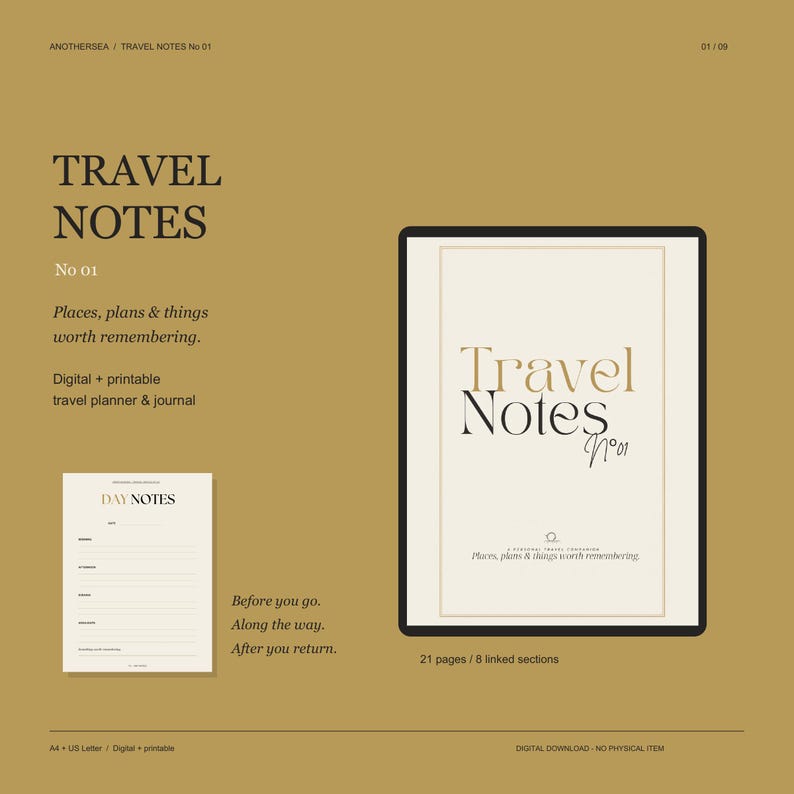 May include: A digital travel planner and journal titled Travel Notes No 01 on a mustard background. The design features a large tablet display showing the cover page and a smaller page layout labeled Day Notes with lined sections for travel planning.