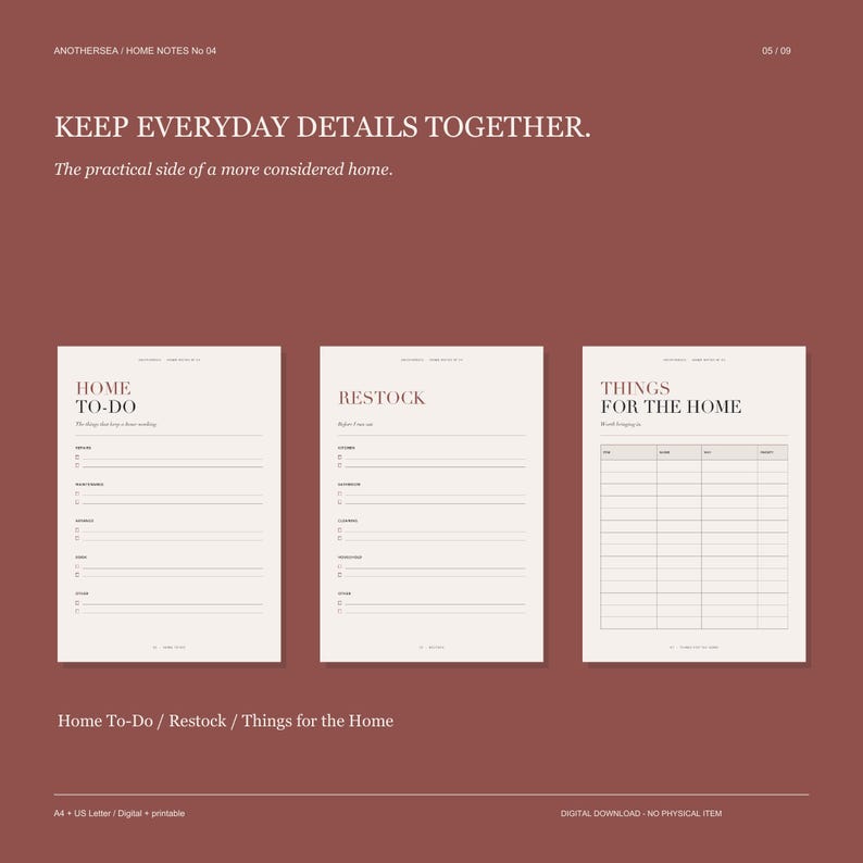 May include: Three off-white printable planner pages on a dark terracotta background. The pages are titled Home To-Do, Restock, and Things for the Home, featuring organized sections with lines and checkboxes for tracking household tasks and inventory.