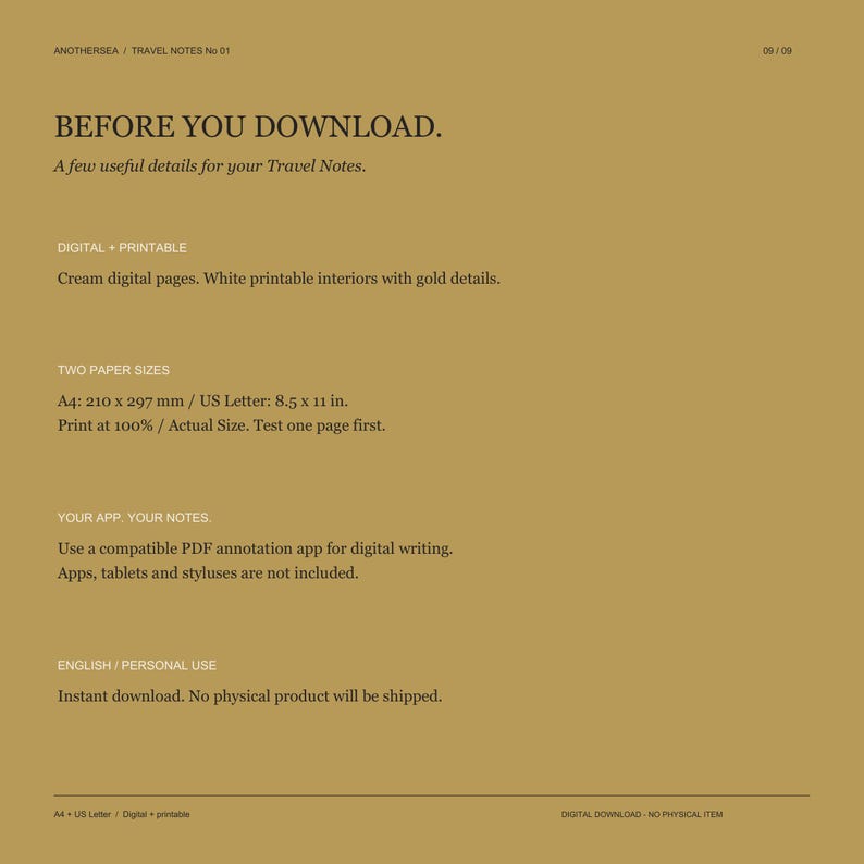 May include: A digital document on a gold background titled BEFORE YOU DOWNLOAD. It lists details for Travel Notes, including cream digital pages, white printable interiors, and two paper sizes: A4 (210 x 297 mm) and US Letter (8.5 x 11 in).