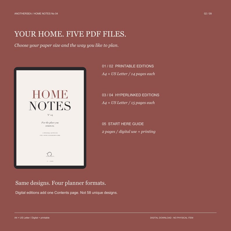 May include: A digital planner product sheet on a terracotta background. It displays the text HOME NOTES No 04, listing five PDF files including printable and hyperlinked editions in A4 and US Letter sizes, plus a start here guide.