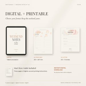 May include: A digital planner set featuring a tablet display, an A4 printable page measuring 210 x 297 mm, and a US letter page measuring 8.5 x 11 inches. The text includes "WEEKEND NOTES", "A LOOSE PLAN", and "A SLOW MORNING" with a start here guide.