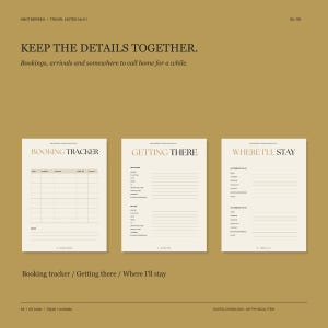 May include: Three off-white printable planner pages on a mustard background. The pages are titled Booking Tracker, Getting There, and Where I'll Stay. Each page features organized sections with lines for recording travel details and booking information.