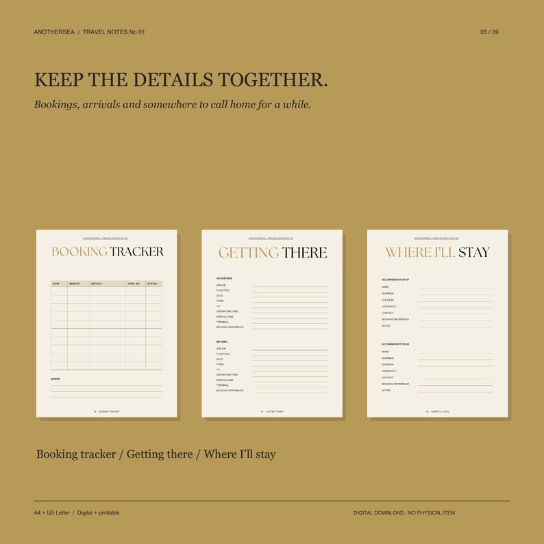 May include: Three off-white printable planner pages on a mustard background. The pages are titled Booking Tracker, Getting There, and Where I'll Stay. Each page features organized sections with lines for recording travel details and booking information.
