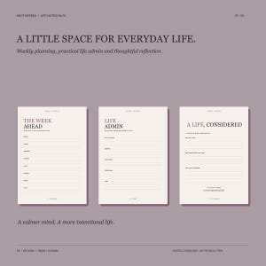 May include: Three off-white planning sheets on a muted purple background. The sheets feature black text including headers like THE WEEK AHEAD, LIFE ADMIN, and A LIFE, CONSIDERED, with lined sections for daily planning, tasks, and personal reflection notes.
