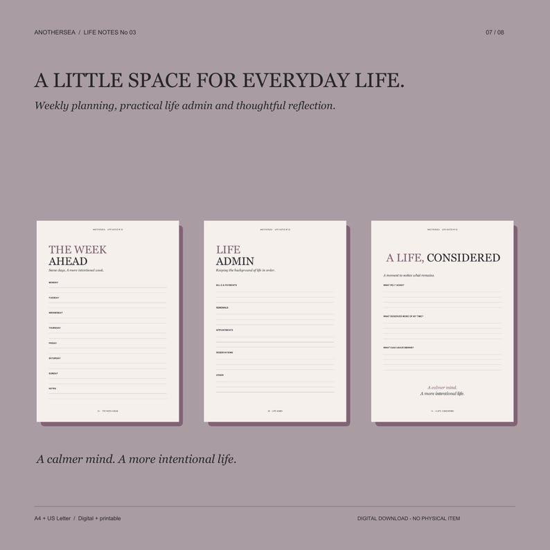 May include: Three off-white planning sheets on a muted purple background. The sheets feature black text including headers like THE WEEK AHEAD, LIFE ADMIN, and A LIFE, CONSIDERED, with lined sections for daily planning, tasks, and personal reflection notes.