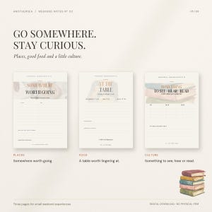May include: Three digital planner pages titled Weekend Notes No 02. The pages feature sections for Places, At The Table, and Something To See, Hear, Read. The design includes minimalist typography, lined writing areas, and a stack of books illustration.