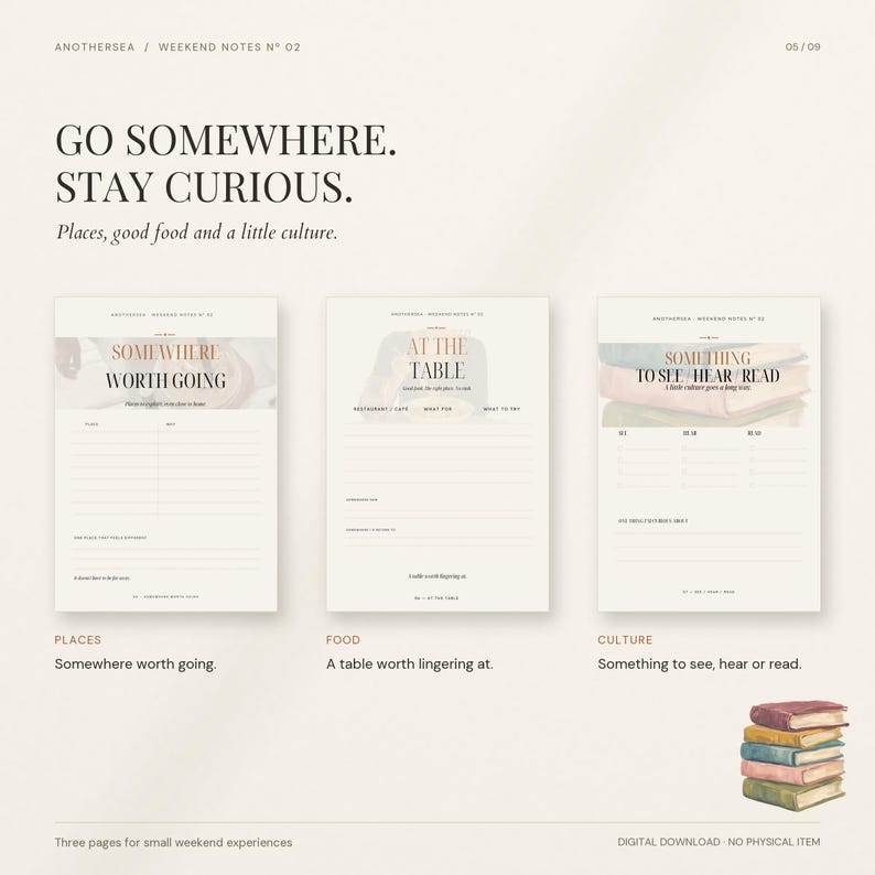 May include: Three digital planner pages titled Weekend Notes No 02. The pages feature sections for Places, At The Table, and Something To See, Hear, Read. The design includes minimalist typography, lined writing areas, and a stack of books illustration.