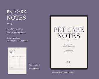 Pet Care Planner PDF, Vet and Feeding Tracker, Hyperlinked A4 & US Letter, Pet Care Notes No 07