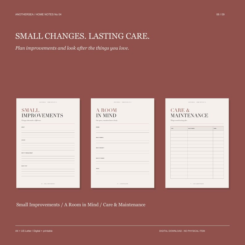 May include: Three off-white printable planner pages on a dark red background. The pages are titled Small Improvements, A Room in Mind, and Care & Maintenance. Each page features structured lines and headings for organizing home tasks.