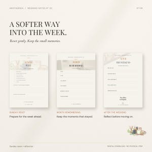 May include: A digital planner set titled A SOFTER WAY INTO THE WEEK featuring three distinct pages: SUNDAY RESET, WORTH REMEMBERING, and AFTER THE WEEKEND. Each page includes structured lines and headings for reflection, planning, and memory keeping.