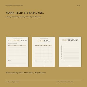 May include: A set of three printable planner pages on a mustard background. The pages are titled Places Worth My Time, At The Table, and Daily Itinerary. Each page features organized sections, lines, and headers for travel planning and daily scheduling.