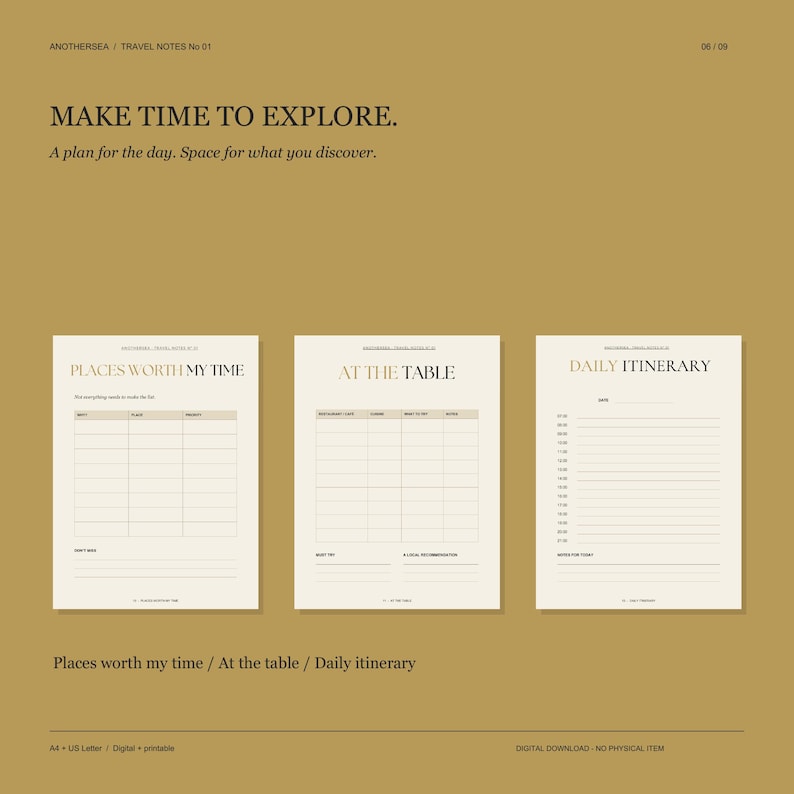May include: A set of three printable planner pages on a mustard background. The pages are titled Places Worth My Time, At The Table, and Daily Itinerary. Each page features organized sections, lines, and headers for travel planning and daily scheduling.