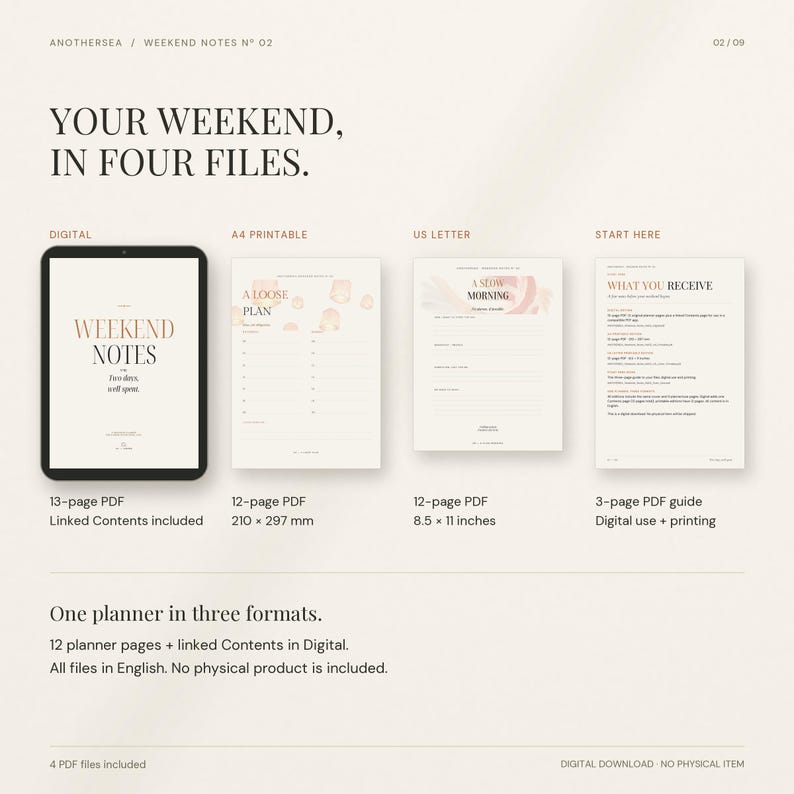 May include: A digital planner set titled Weekend Notes No 02, featuring four PDF files: a 13-page digital version, a 12-page A4 printable version at 210 x 297 mm, a 12-page US Letter version at 8.5 x 11 inches, and a 3-page guide for digital use and printing.