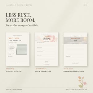 May include: Three digital planner pages titled "What I Need This Weekend," "A Slow Morning," and "Things I'd Like To Do." The pages feature a cream background with black text, including headers, bulleted lists, and lined sections for notes.