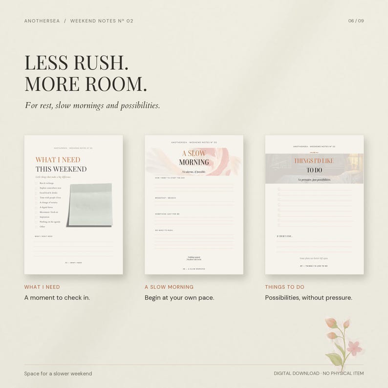 May include: Three digital planner pages titled "What I Need This Weekend," "A Slow Morning," and "Things I'd Like To Do." The pages feature a cream background with black text, including headers, bulleted lists, and lined sections for notes.