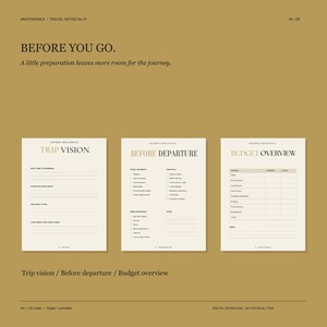 May include: Three off-white digital planner pages on a mustard background. The pages are titled Trip Vision, Before Departure, and Budget Overview. Each page contains organized sections with lines and checkboxes for travel planning and documentation.
