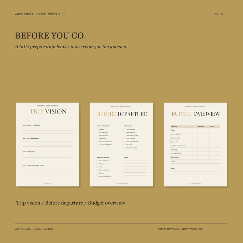 May include: Three off-white digital planner pages on a mustard background. The pages are titled Trip Vision, Before Departure, and Budget Overview. Each page contains organized sections with lines and checkboxes for travel planning and documentation.