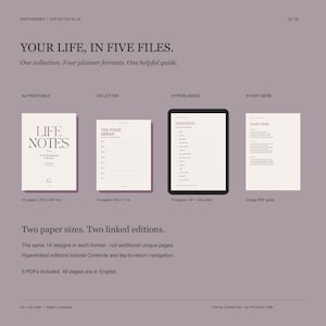May include: A digital planner set titled LIFE NOTES No 03, featuring four formats: A4 printable, US Letter, hyperlinked, and a start here guide. The text reads YOUR LIFE, IN FIVE FILES. Two paper sizes are included, 210 x 297 mm and 8.5 x 11 inches.