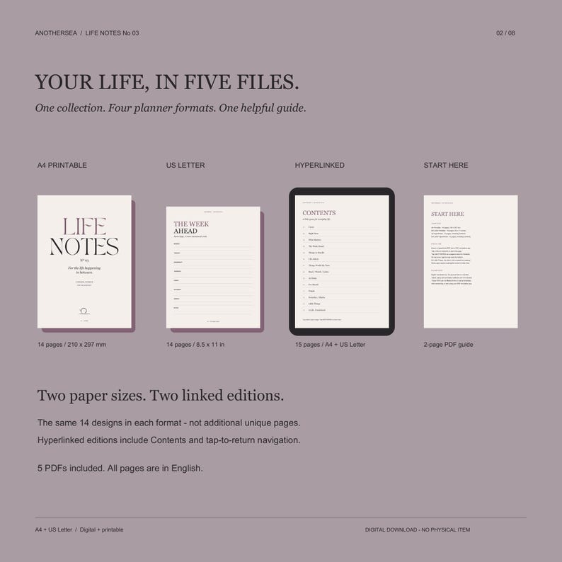 May include: A digital planner set titled LIFE NOTES No 03, featuring four formats: A4 printable, US Letter, hyperlinked, and a start here guide. The text reads YOUR LIFE, IN FIVE FILES. Two paper sizes are included, 210 x 297 mm and 8.5 x 11 inches.