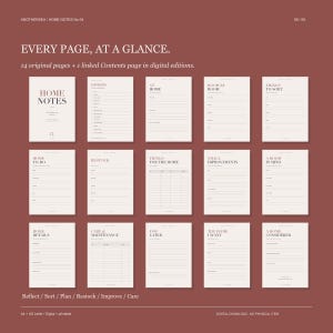 May include: A digital home planner set on a dark red background featuring 15 pages titled Home Notes, Contents, At Home, Room by Room, Things to Sort, Home To-Do, Restock, Things for the Home, Small Improvements, A Room in Mind, Home Details, Care & Maintenance, For Later, The Home I Want, and A Home Considered.
