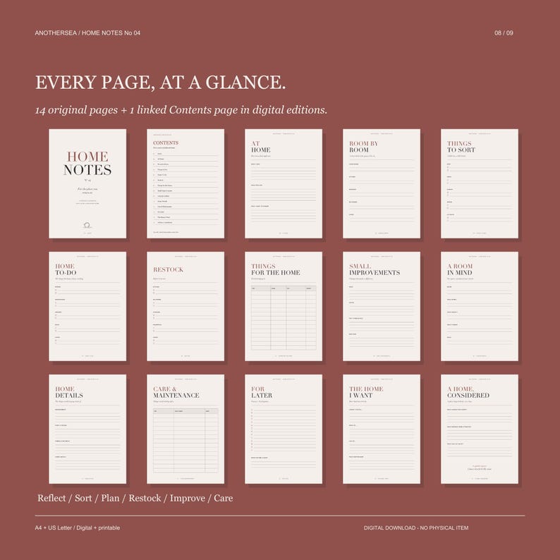 May include: A digital home planner set on a dark red background featuring 15 pages titled Home Notes, Contents, At Home, Room by Room, Things to Sort, Home To-Do, Restock, Things for the Home, Small Improvements, A Room in Mind, Home Details, Care & Maintenance, For Later, The Home I Want, and A Home Considered.