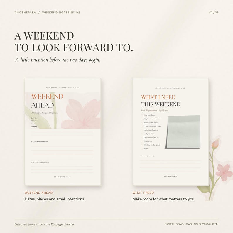 May include: A digital planner page set titled Weekend Notes No 02. The left page features the text Weekend Ahead with lines for dates and intentions, decorated with a soft pink floral graphic. The right page lists What I Need This Weekend with checkboxes and a blank sticky note graphic.