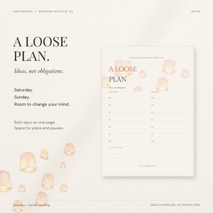 May include: A digital planner page titled A LOOSE PLAN with the subtitle Ideas, not obligations. The layout features two columns for Saturday and Sunday, each with hourly lines from 08 to 20, decorated with small floating paper lantern illustrations.